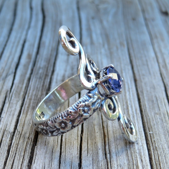 SOLD Rose Cut Natural Iolite Scroll Statement Ring - Picture 4 of 7